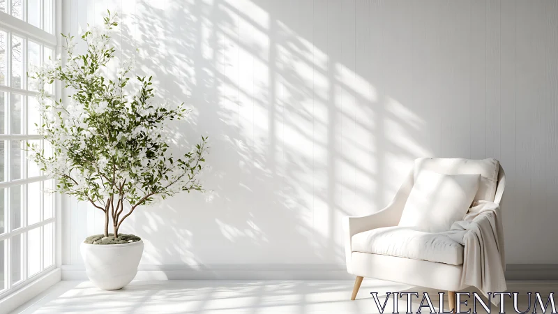 Sunlit armchair trades secrets with a blossoming indoor tree