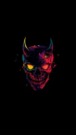 Neon-lit demonic skull portrait with dual horns on black field