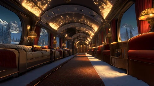 Luxury winter train lounge glows under starlit alpine sky