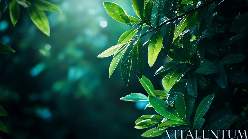 Sunlit foliage captures dewdrops in shallow depth of field