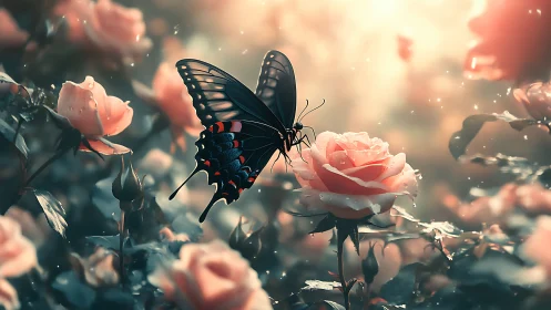Butterfly resting on dewy rose in glowing garden light.