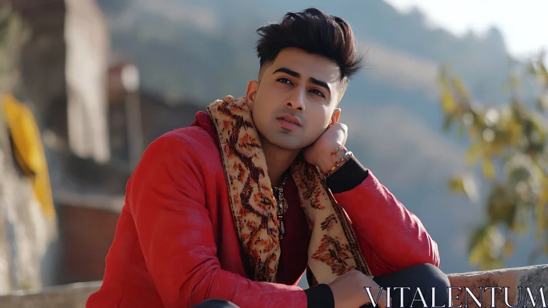 Mountain terrace daydreamer in crimson winter style portrait.