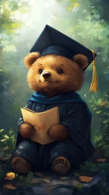 Graduation bear reads quietly under soft forest light.