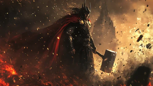 Storm-forged warrior standing calm within falling embers.