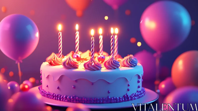 Birthday Cake with Lit Candles and Balloons in Neon Lighting