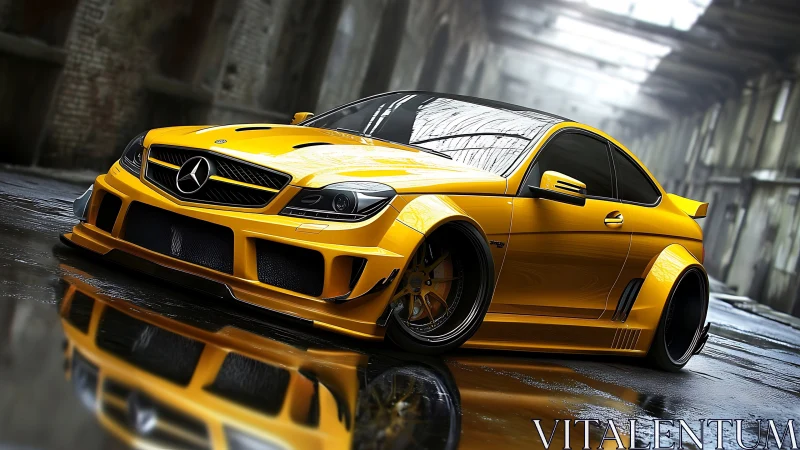 Golden custom sports coupe glows with power in a wet alley