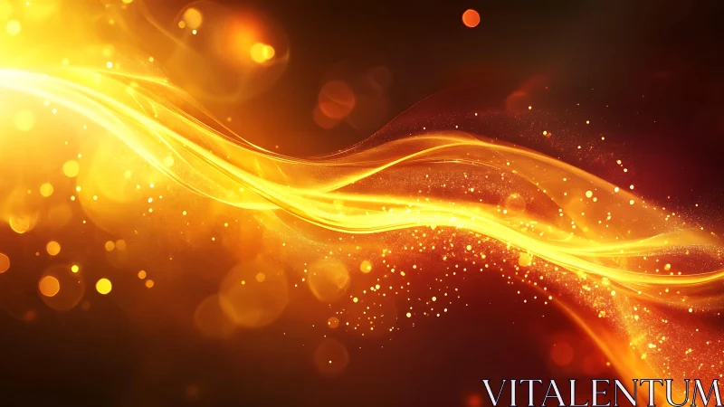 Vibrant golden light waves with glowing sparkles in abstract style.