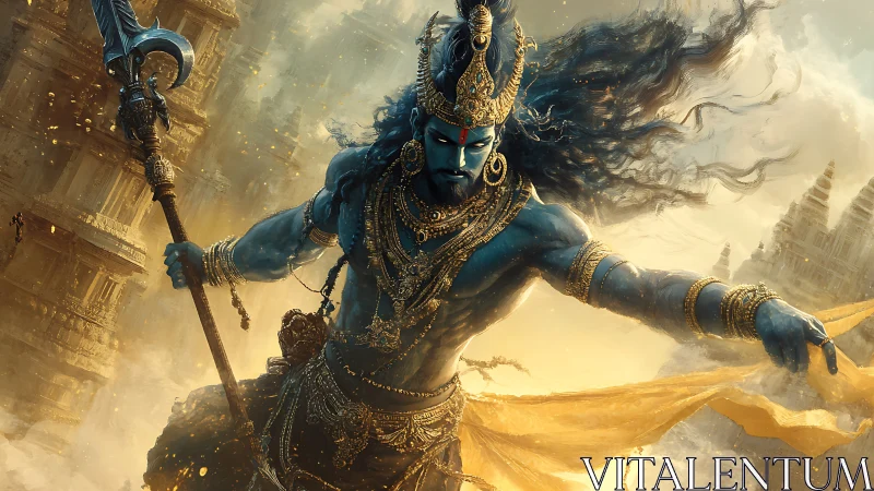 Storm-clad blue deity strides through molten golden temples.