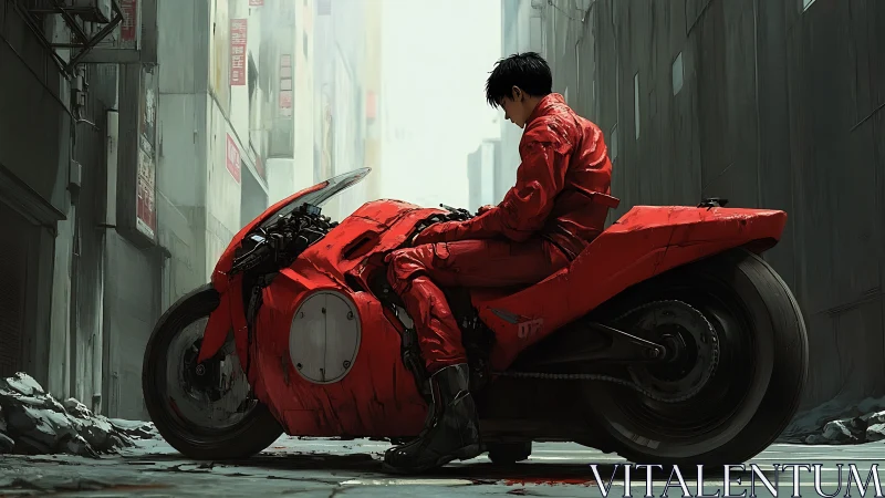 Rider in red suit sits on futuristic motorcycle in alley