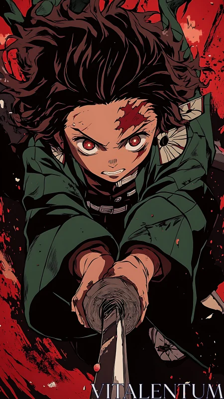 Intense anime swordsman lunges forward through crimson chaos.