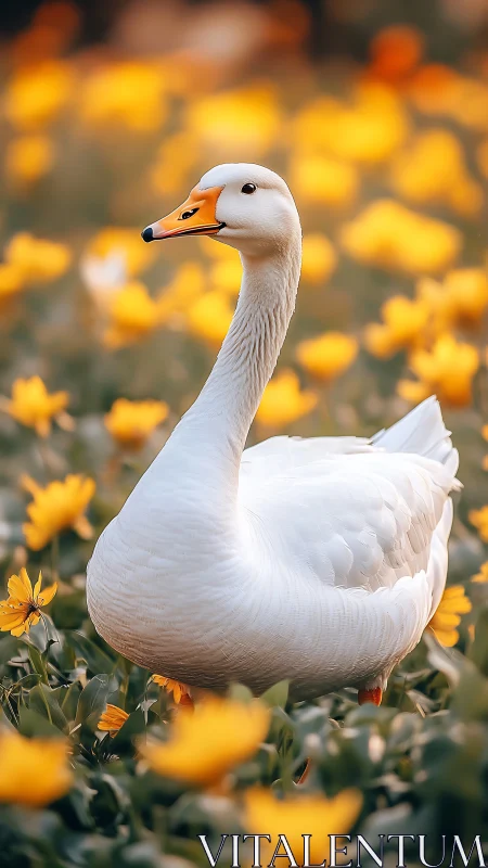 Gentle white goose wandering through a golden flower field.