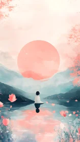 Solitary figure before oversized pastel sun in mirrored lakescape