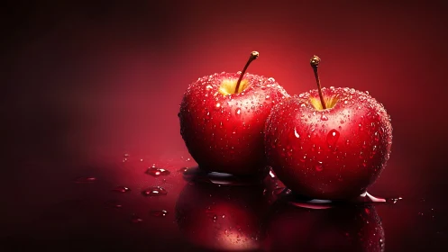 Crimson duet of dewy apples glowing on liquid velvet.