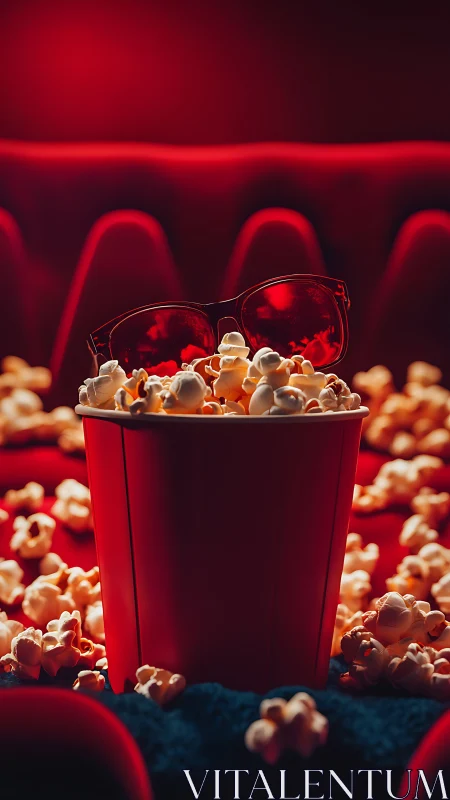 Popcorn in red shades claims a velvet cinema throne.