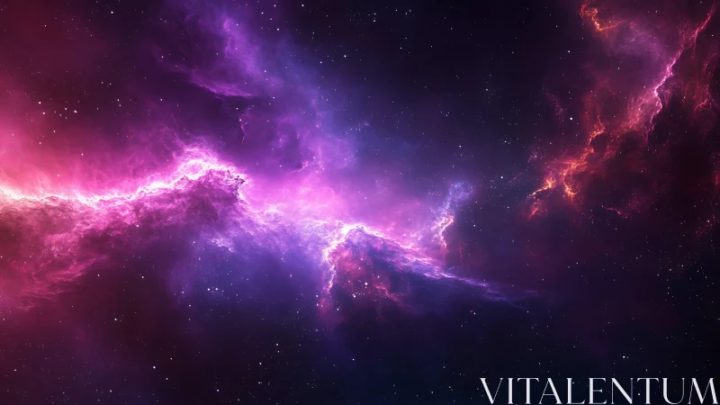 Vivid purple pink nebula cloud stretching through deep space.
