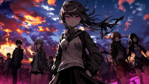 Storm-eyed schoolgirl leads dusk-lit rebel brigade