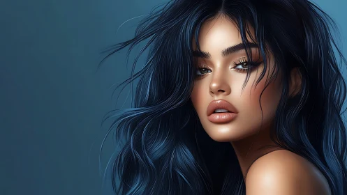 Hyperreal digital portrait of woman with iridescent blue hair.