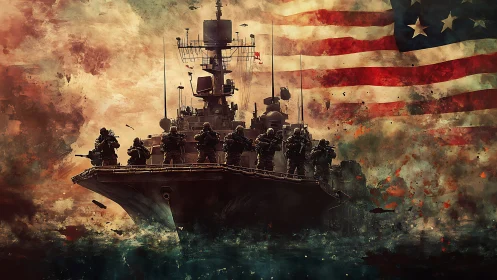 Naval assault vessel with armed soldiers before large US flag