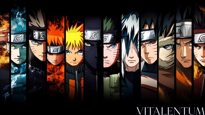 Stylized ninja portraits align in segmented, flame-lit composition