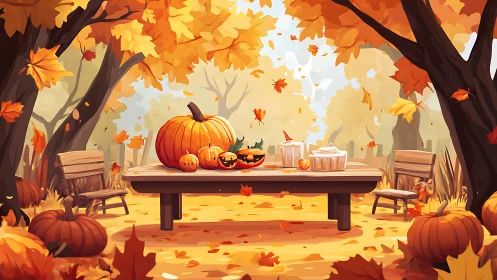 Pumpkin picnic table anchors a cozy golden autumn grove