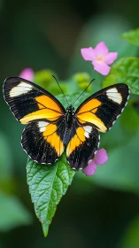 Orange and black butterfly on green leaf in garden.