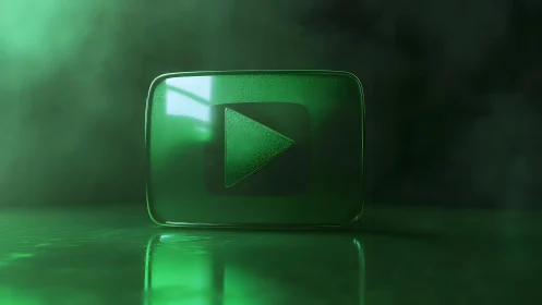 Glossy green play button icon in dark modern digital art style.