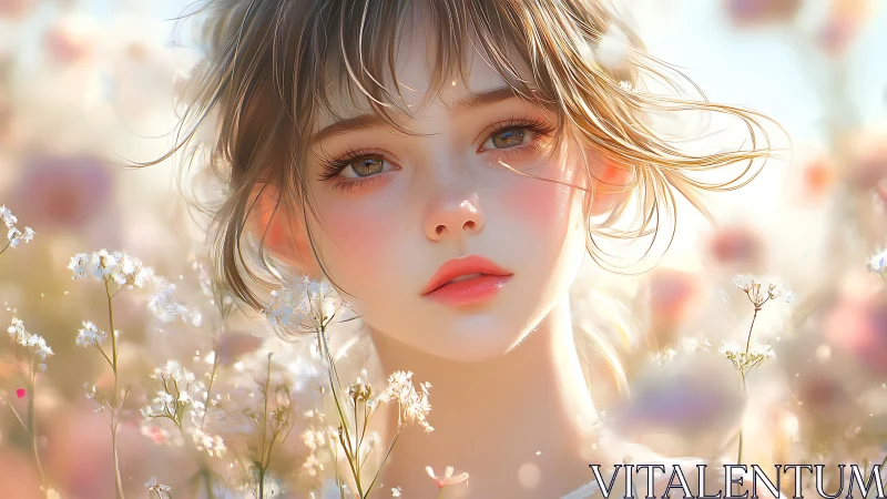 Sunlit anime portrait renders ethereal girl in soft focus