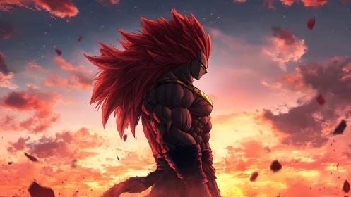 Sunset sky crowns a lone crimson warrior with silence