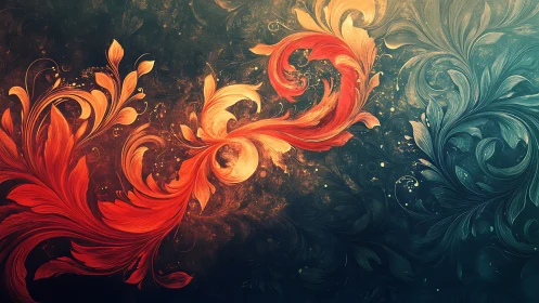 Fiery floral vortex collides with deep teal foliage swirl.