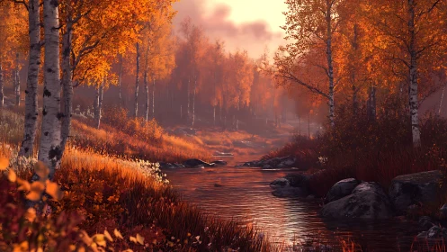 Golden autumn river glows beneath birch forest light.