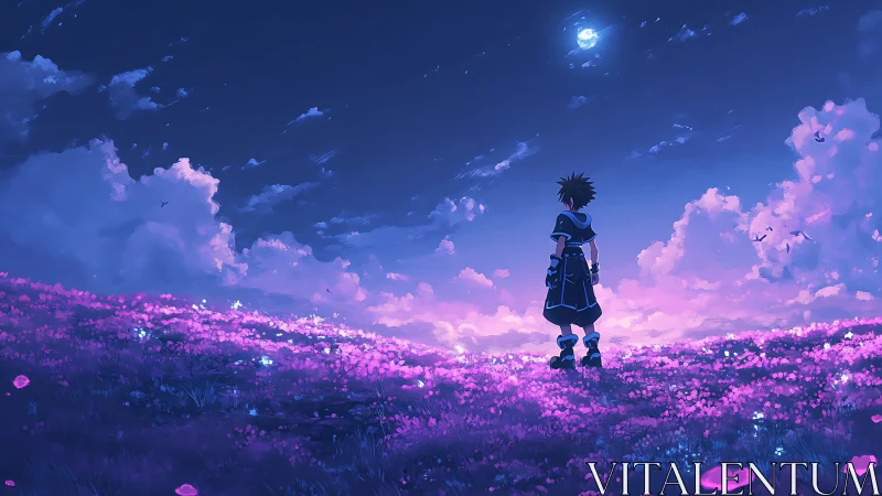 Solitary figure on illuminated field under twilight sky.