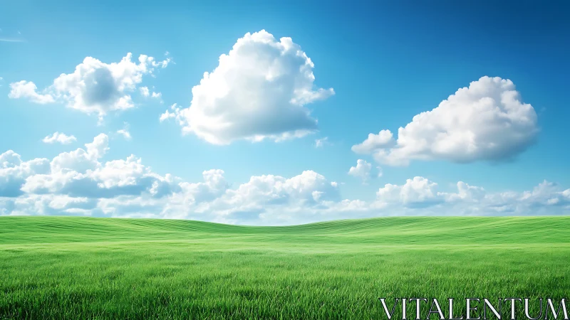 Procedurally rendered grassland under volumetric cumulus sky.