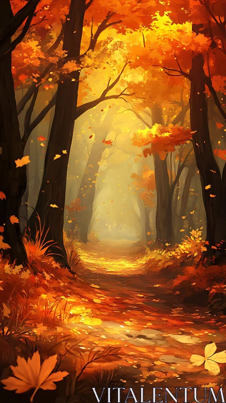Golden Pathway Glows Where Autumn's Whispers Dance Through Shadowed Woods