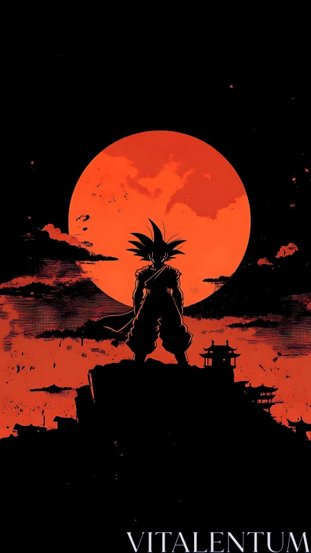 Silhouetted warrior under red moon above distant pagodas.