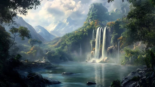 Misty mountain waterfall over tranquil forest lagoon.