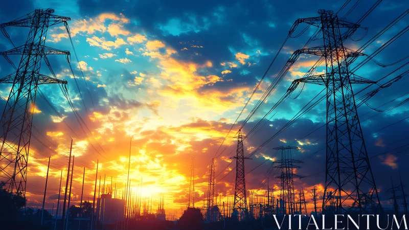 Vibrant powerline skyline in saturated digital painting style.