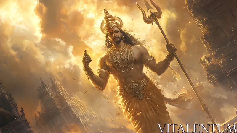 Radiant warrior deity strides through golden temple skies