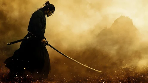 Lone samurai walks through burning mist at dusk in resolve