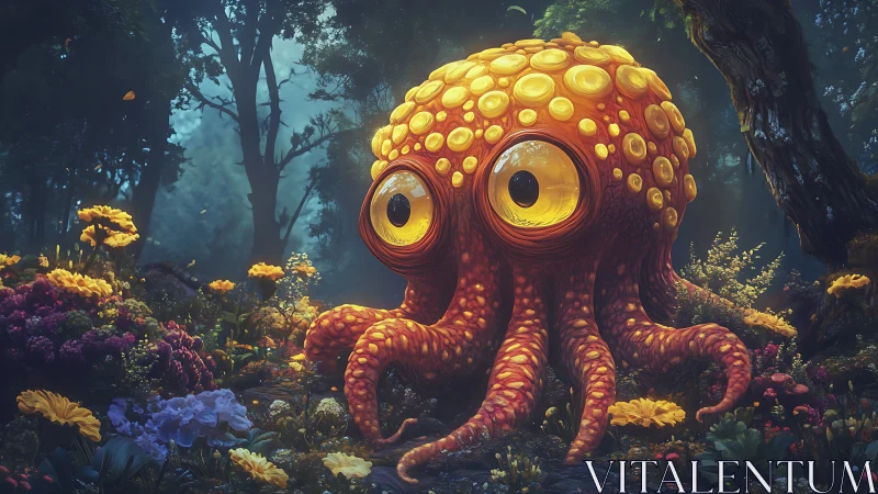 Bioluminescent cyclopean octopus rendered in enchanted forest
