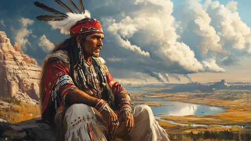Digital painting of Native elder in panoramic river landscape.