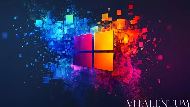 Neon data window exploding into prismatic digital confetti.