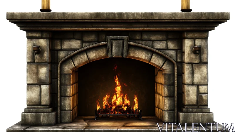 Stone Fireplace with Roaring Fire and Ornamental Gold Mantelscape