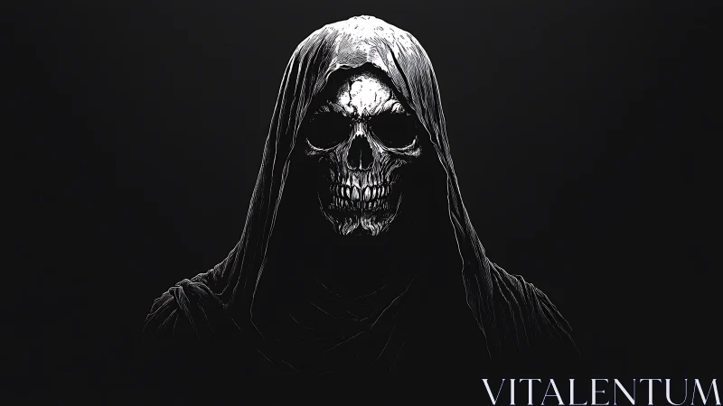 Hooded skeletal figure emerges from darkness in stark chiaroscuro