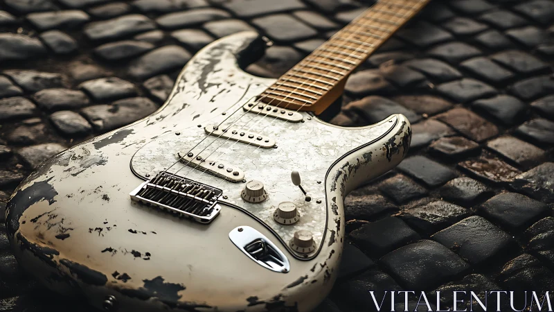 Worn electric guitar lies on cobblestone pavement surface