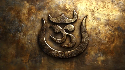 Golden Om emblem embossed on distressed metal surface.