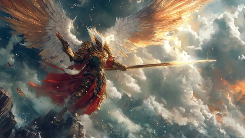 Armored seraph warrior poised in stormlit celestial skies