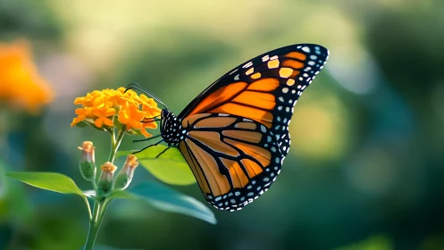 Monarch butterfly rests on yellow flower in soft daylight