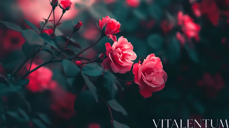 Moody Garden Scene with Vibrant Pink Roses