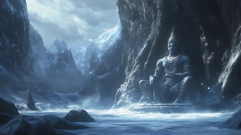 Divine ice cave statue amid towering frozen mountains.