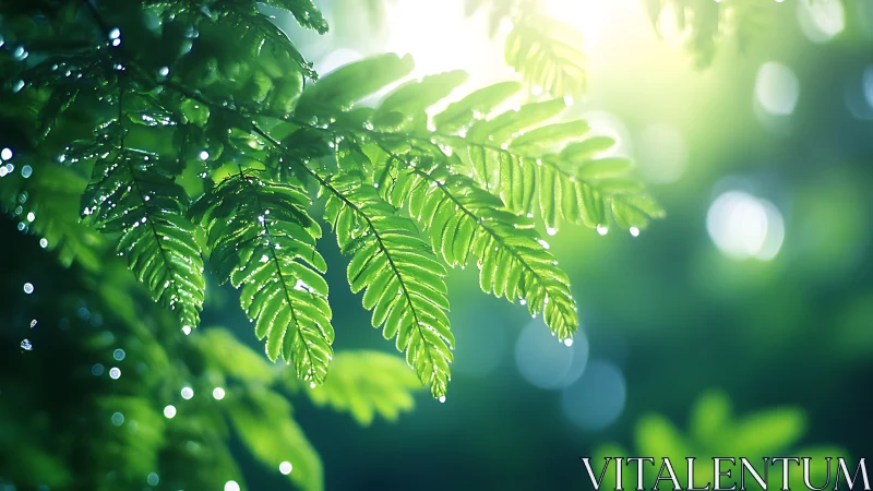 Sunlit fern leaves display bright green detail and moisture